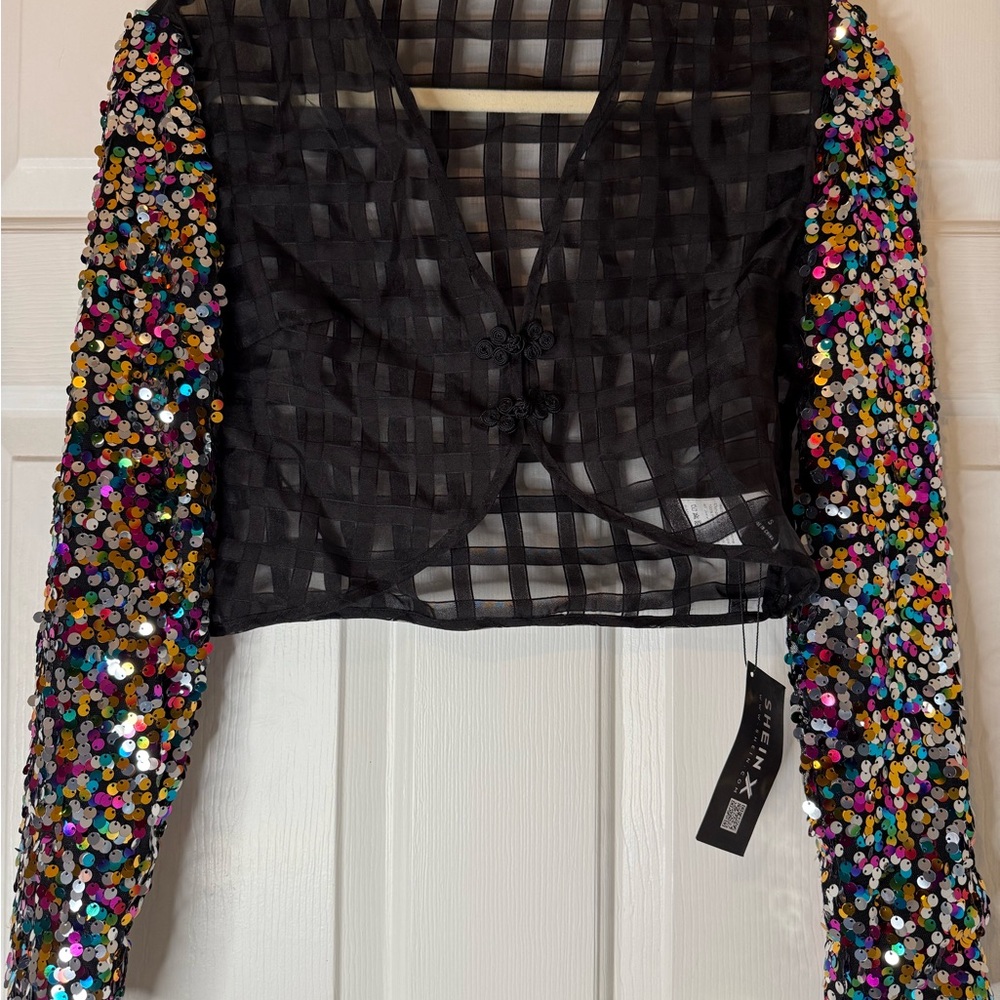 SHEIN Black Mesh Crop Top with Sequin Sleeves szS